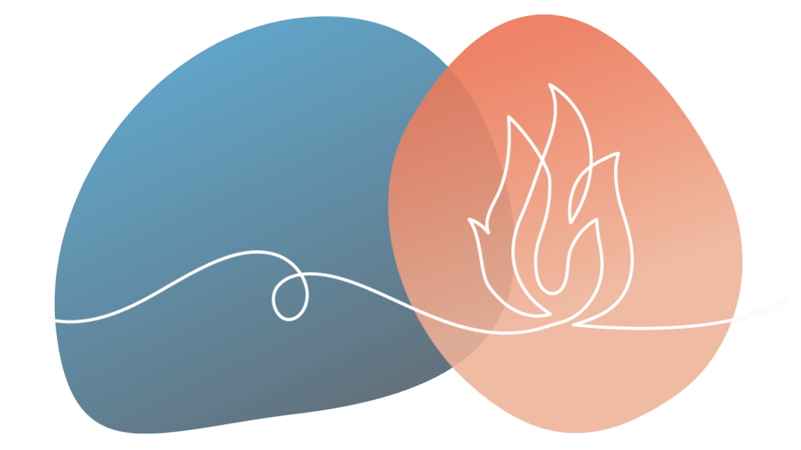 Illustration of abstract blue and red shapes with a flame icon, representing inflammation