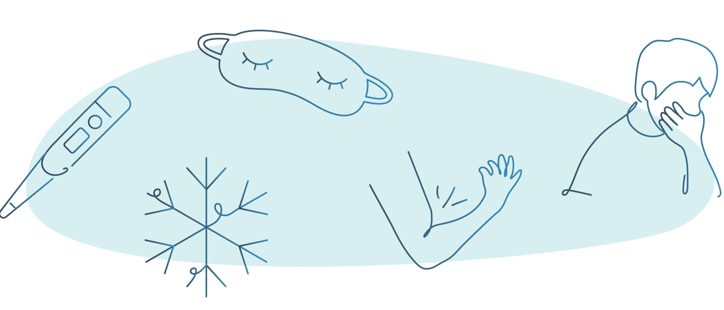 Illustration showing symptoms beneath the skin such as fever, chills, exhaustion, joint pain, nausea, and general discomfort or weakness
