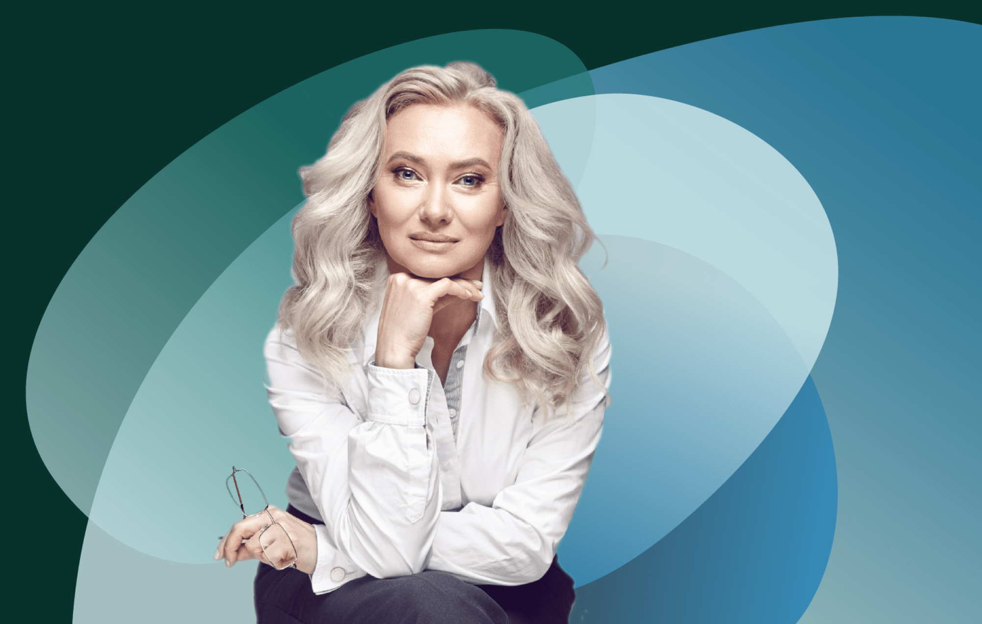 Confident woman with long blond hair in white shirt, holding glasses, with abstract blue background