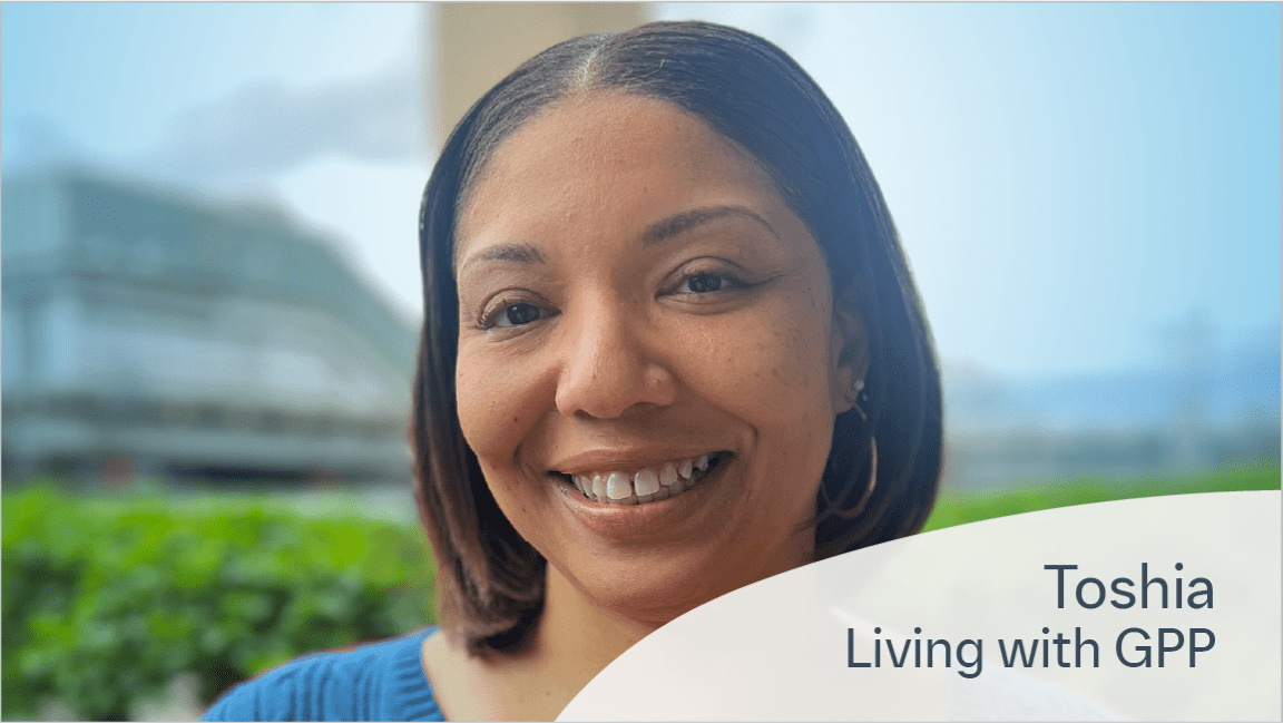 Toshia, living with GPP, smiling outdoors in a story about not settling for less