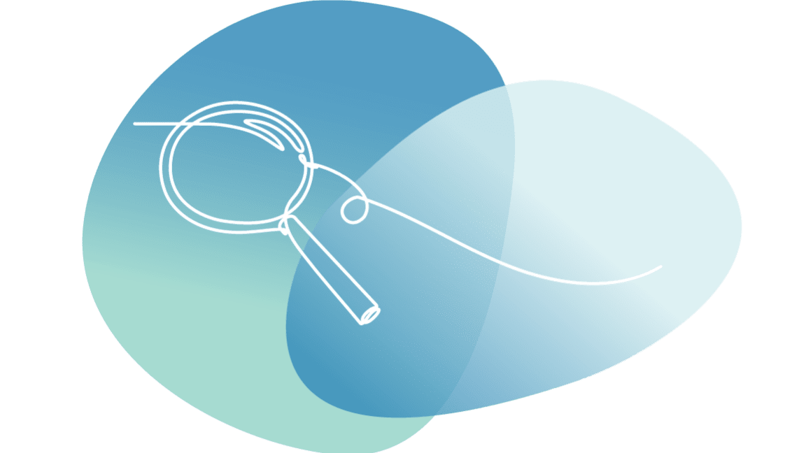 Illustration of a magnifying glass over abstract blue and green shapes