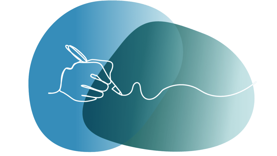 Illustration of a hand holding a pen with abstract blue shapes, symbolizing taking control